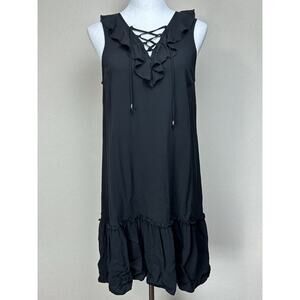 Kelly Renee Black Sleeveless Rayon Dress Ruffle size Medium Lace Up Whimsy Goth